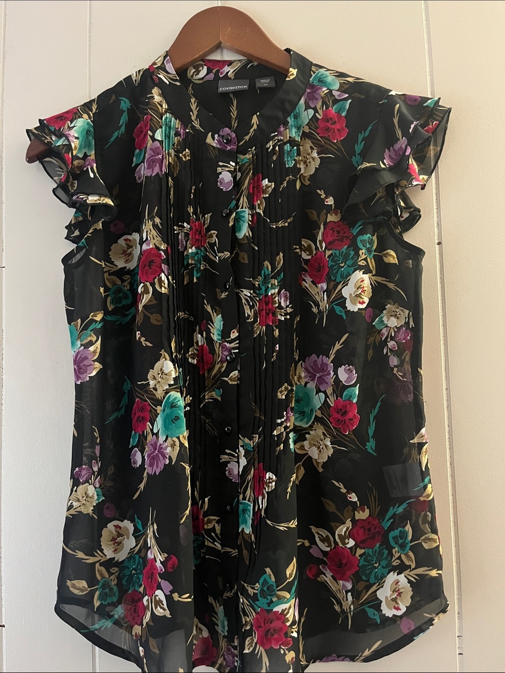 Antonio Melani Black Floral Ruffle Sleeve Blouse
